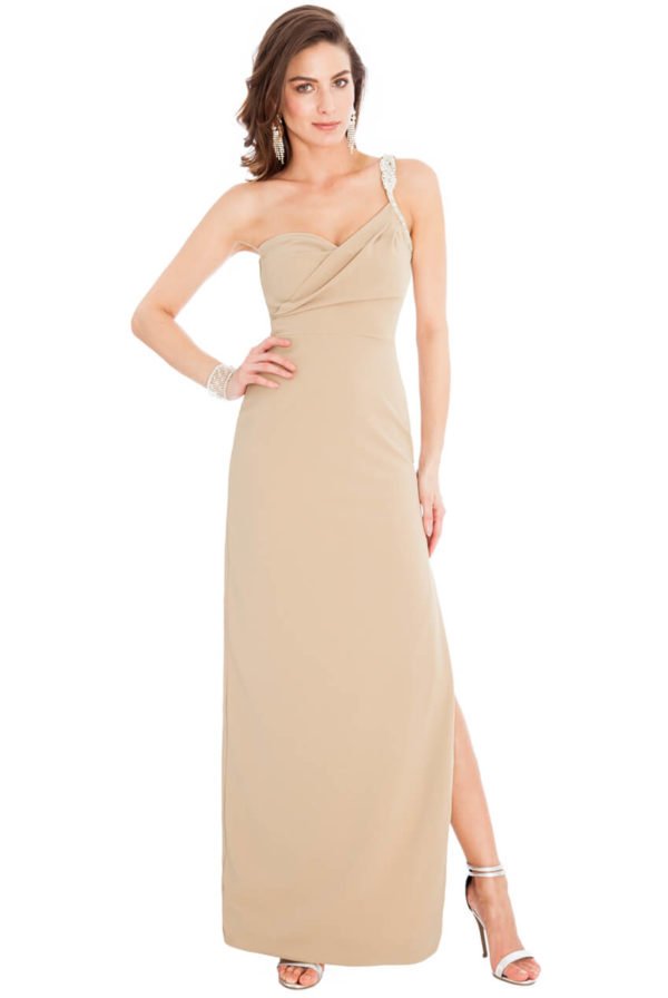 Ilga smėlinė Dakota Johnson stiliaus suknelė