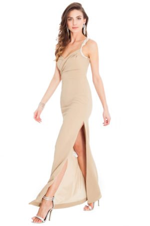Ilga smėlinė Dakota Johnson stiliaus suknelė-02